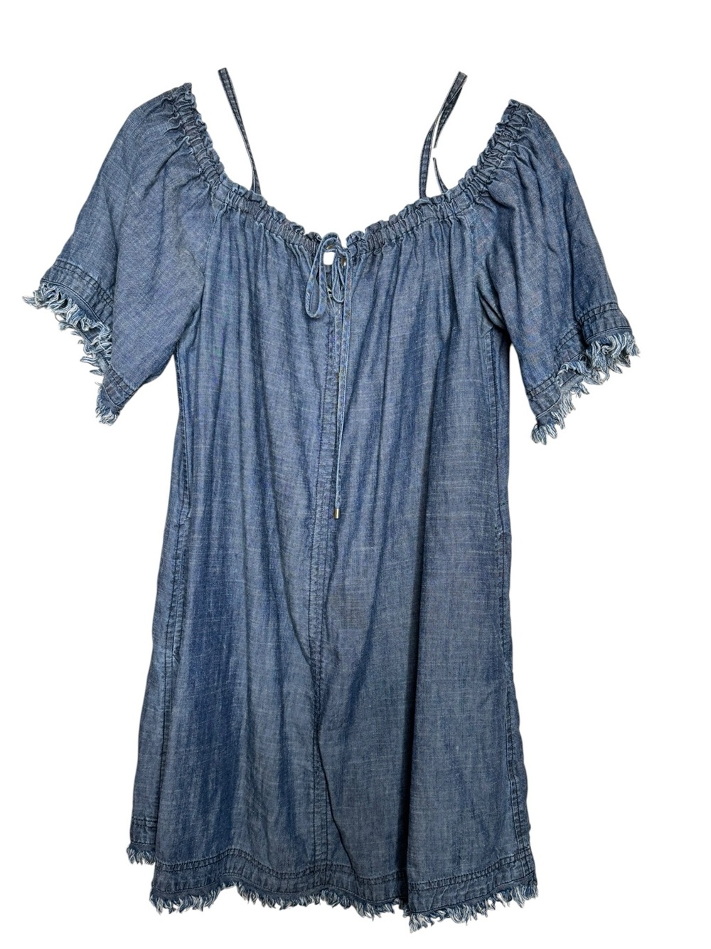 Trina Turk Chill Frayed Chambray Off-Shoulder Mini Dress Size M Blue EUC